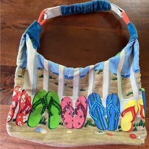 Paul Brent purse beach bag Fantasea flip flops beads  ruffled handles zip shut